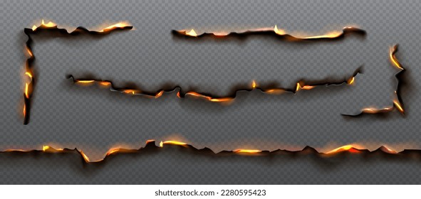 Fire on burnt paper edges. Frames with burn effect with yellow flame, black ash and scorched edges of pages or parchment sheets isolated on transparent background, vector realistic set