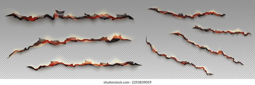 Fuego en los bordes de papel quemado. Marcos con efecto de quemado con llama amarilla, cenizas negras y bordes encorvados de páginas o hojas de pergamino aislados en fondo transparente, conjunto de vector realista