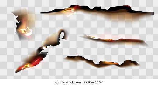 Feuer auf verbrannten Papierkanten. Rahmen mit Brandeffekt mit gelber Flamme, schwarzer Asche und genarbten Kanten von Seiten oder Pergamentblättern einzeln auf transparentem Hintergrund,