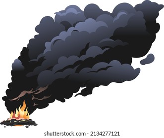 Fuego en el suelo con un gran humo negro, quema de petróleo con humo negro contra el cielo, humo negro que emite de la quema, contaminación ambiental