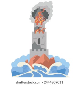 Fire on the lighthouse tower. Major Arcana tarot card design. Hand drawn cartoon flat style.The Tower