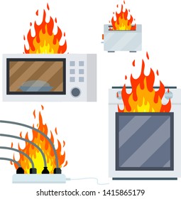 Fuego en la estufa. microondas, tostadora, alambre con cable y enchufe. El problema en la cocina. Seguridad contra incendios. electrodomésticos y electrodomésticos. Dibujo plano de caricatura. Cocina