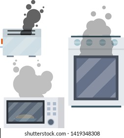 Fire On Stove. Burning Microwave, Toaster. Problem In Kitchen And Black Smoke. Cooking Food. Household And Electrical Appliances. Burnt Meal. Cartoon Flat Illustration. Fire Safety