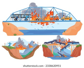 Fire on suspension highway train bridge through river sea and mountain set vector flat illustration. Burning flame on bus car and railway at logistic traffic arch running people infrastructure damage