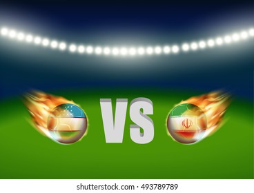 Fire on Uzbekistan vs Iran soccer ball in flag design on stadium background with scoreboard for Asia football qualify , this image for match template or banner in vector illustration