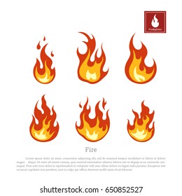 Fire on a white background. Collection of flames in a flat style. Firefighters icon. Vector illustration
