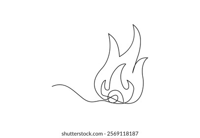 Fire one continuous line drawing. Abstract black and white minimal single line art, Flame in continuous one line drawing. Fire icon concept.