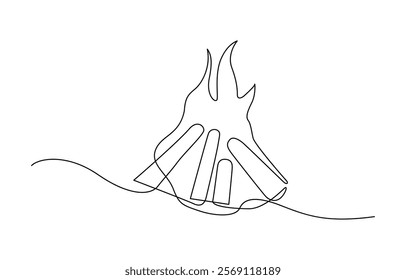 Fire one continuous line drawing. Abstract black and white minimal single line art, Flame in continuous one line drawing. Fire icon concept.