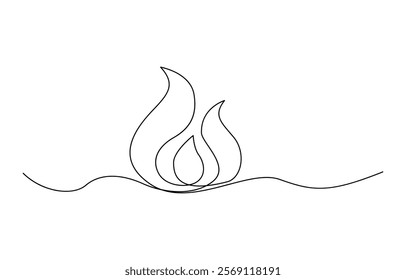 Fire one continuous line drawing. Abstract black and white minimal single line art, Flame in continuous one line drawing. Fire icon concept.