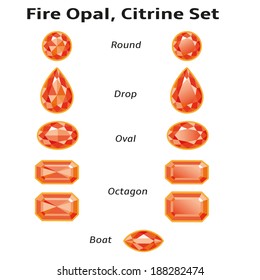 Fire opals, citrines set different cut - round, drop, oval, boat and octagon. Brilliant three-dimensional jewelry on a white background. Isolated Objects. 