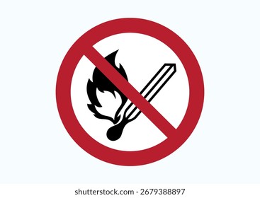 Fonte de ignição aberta e proibição de fumar. Proibir fumar e todas as formas de chama aberta. Ícone totalmente editável. Design de estilo minimalista de correspondência de queima. Sinal de segurança ISO 7010 oficial padrão