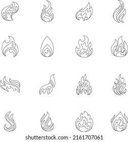 Fire outline flame burn flat vector icon collection set