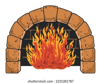 Fire in oven colorful vintage logotype with flame inside oven with stone finish for making pizza or bread vector illustration