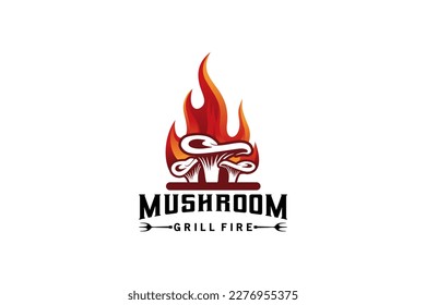 Fire oyster mushroom logo, grilled mushroom logo template for food business design