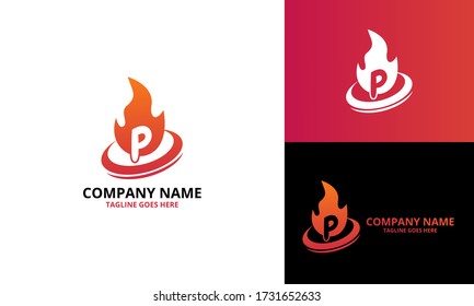Plantilla de diseño del logotipo de la letra P del incendio. Gráfico vectorial de ilustración. Diseño de fuego de concepto con diseño inicial de logotipo de letra P. Perfecto para marca corporativa, tecnológica, inicial, comunitaria y más tecnológica