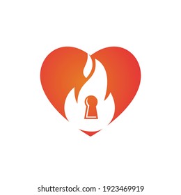 Fire padlock key logo design template. Fire flame key with heart logo icon.