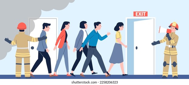 Fire and panic in office. Emergency workplace situation, firemen avacuated managers for safety life. People running to exit, recent vector scene