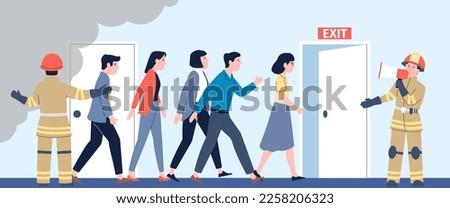 Fire and panic in office. Emergency workplace situation, firemen avacuated managers for safety life. People running to exit, recent vector scene