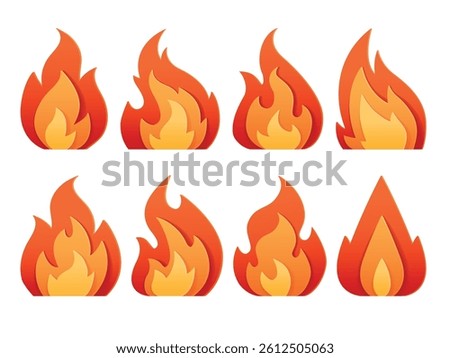Fire paper cut. Campfire flame papercut icons, flaming blaze origami effect firing burn fires cutout logo bonfire craft art fireball layers, cartoon set tidy vector illustration original artwork
