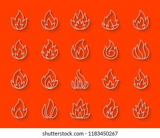 Fire paper cut line icons set. 3D web sign bonfire kit. Flame linear pictogram collection includes temperature, furnace, warm power. Simple fire vector paper carved icon shape. Material design symbol