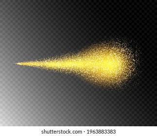 Fire path, shot, abstract. Spray golden burning plume. Yellow small dissolving particles, gradient. Vector overlay object, template.