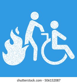 Fire Patient Evacuation grainy textured icon for overlay watermark stamps. Flat symbol with dirty texture. Dotted vector white ink rubber seal stamp with grunge design on a blue background.