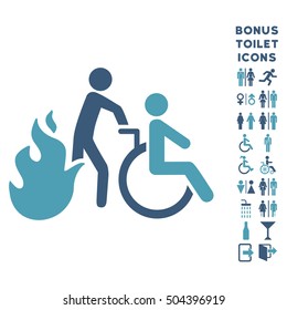 Fire Patient Evacuation icon and bonus gentleman and lady WC symbols. Vector illustration style is flat iconic bicolor symbols, cyan and blue colors, white background.