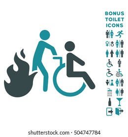 Fire Patient Evacuation icon and bonus man and woman toilet symbols. Vector illustration style is flat iconic bicolor symbols, soft blue colors, white background.