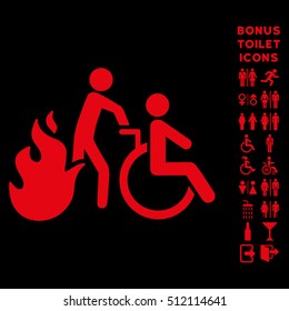 Fire Patient Evacuation icon and bonus male and lady lavatory symbols. Vector illustration style is flat iconic symbols, red color, black background.