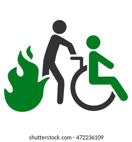 Fire Patient Evacuation icon. Vector style is bicolor flat iconic symbol with rounded angles, green and gray colors, white background.