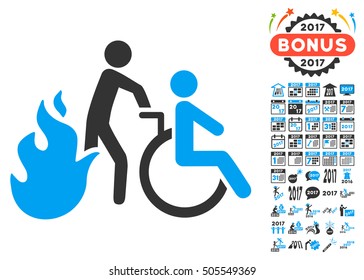 Fire Patient Evacuation pictograph with bonus 2017 new year graphic icons. Vector illustration style is flat iconic symbols,modern colors.