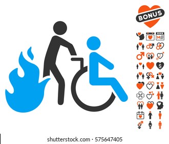 Fire Patient Evacuation pictograph with bonus dating symbols. Vector illustration style is flat iconic elements for web design, app user interfaces.