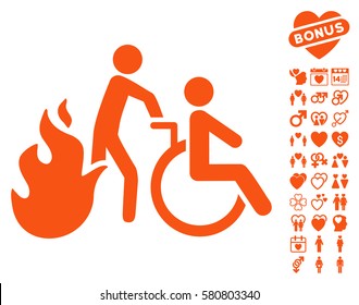 Fire Patient Evacuation pictograph with bonus amour images. Vector illustration style is flat iconic orange symbols on white background.