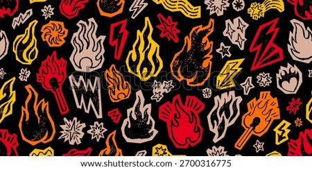Fire pattern. Flame seamless background. Vector fire illustration. Crayon chalk texture. Red yellow flame repeat graphic. Hand drawn simple seamless pattern. Tattoo smoke black bg. Doodle y2k sketch