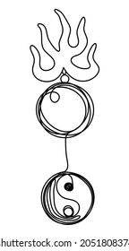 Fire pearl with sign in yang - protection from flying star "three" in feng shui as line drawing on the white background. Vector