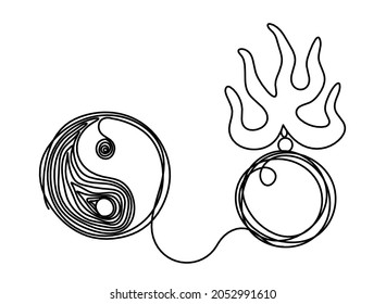 Fire pearl with sign in yang - protection from flying star "three" in feng shui as line drawing on the white background. Vector