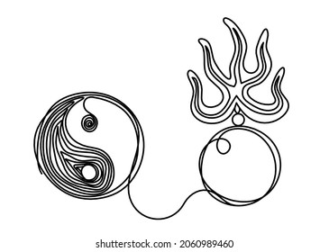 Fire pearl with sign in yang - protection from flying star "three" in feng shui as line drawing on the white background