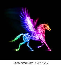 Fire Pegasus in spectrum colors on black background.
