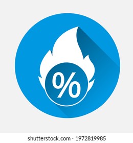 Fire and percent  icon on blue background. Flat image with long shadow.