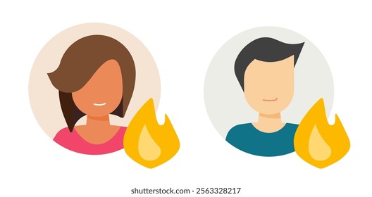 Fire person man icon, hot woman girl symbol flat cartoon graphic minimal sign illustration set, user passion flame, employee stuff energy power burning boost, medical health ignite image clip art