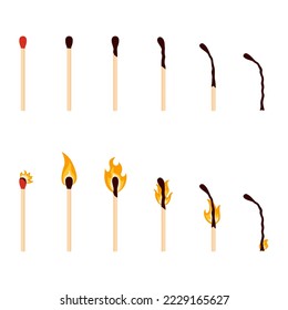 Fire phases of match, isolated on white background. Set of matches of different degrees of burning. Vector illustration