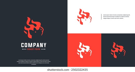 Fire and pig head combination logo, abstract grilled food icon, design template illustration.