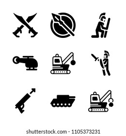 fire, pilot, equipment and hurricane icons in War vector set. Graphics for web and design