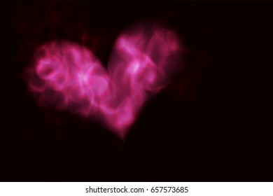 Fire pink heart on black background. Vector illustration of smoke heart shape.