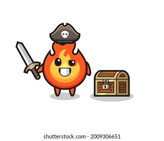 the fire pirate character holding sword beside a treasure box , cute style design for t shirt, sticker, logo element