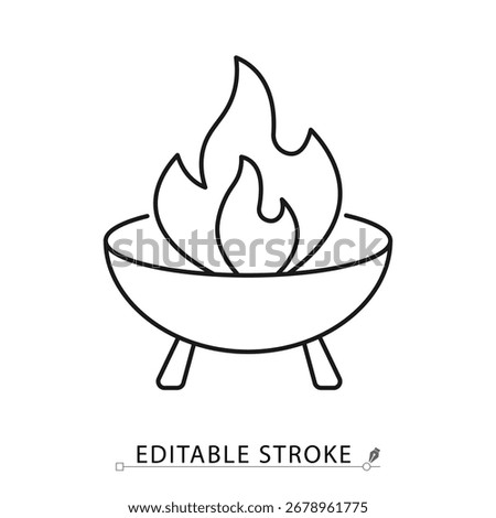 A fire pit icon in minimalist style with editable stroke. Outdoor furniture, backyard decor, patio element, garden fire bowl, relaxation design, camping symbol, warmth concept, leisure object.