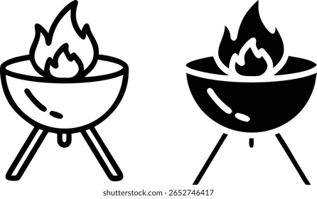 Fire Pit Icon Set – Black and White Vector Campfire Symbol for Outdoor, Camping, and Adventure Design