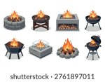 Fire Pit Icons Set – Outdoor Fireplace Flat Vector Collection