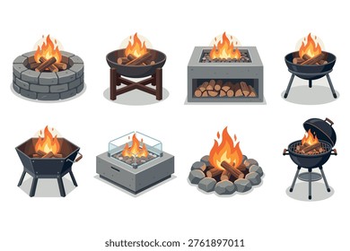Fire Pit Icons Set – Outdoor Fireplace Flat Vector Collection
