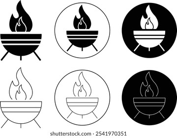 Iconos del pozo de fuego fijados en estilos planos y de línea de moda. Pozo de fuego comunitario de la vida de la aldea indígena. símbolos de silueta de pozo de fuego. Charcoal Grill ilustración diseñada aislada sobre fondo transparente.